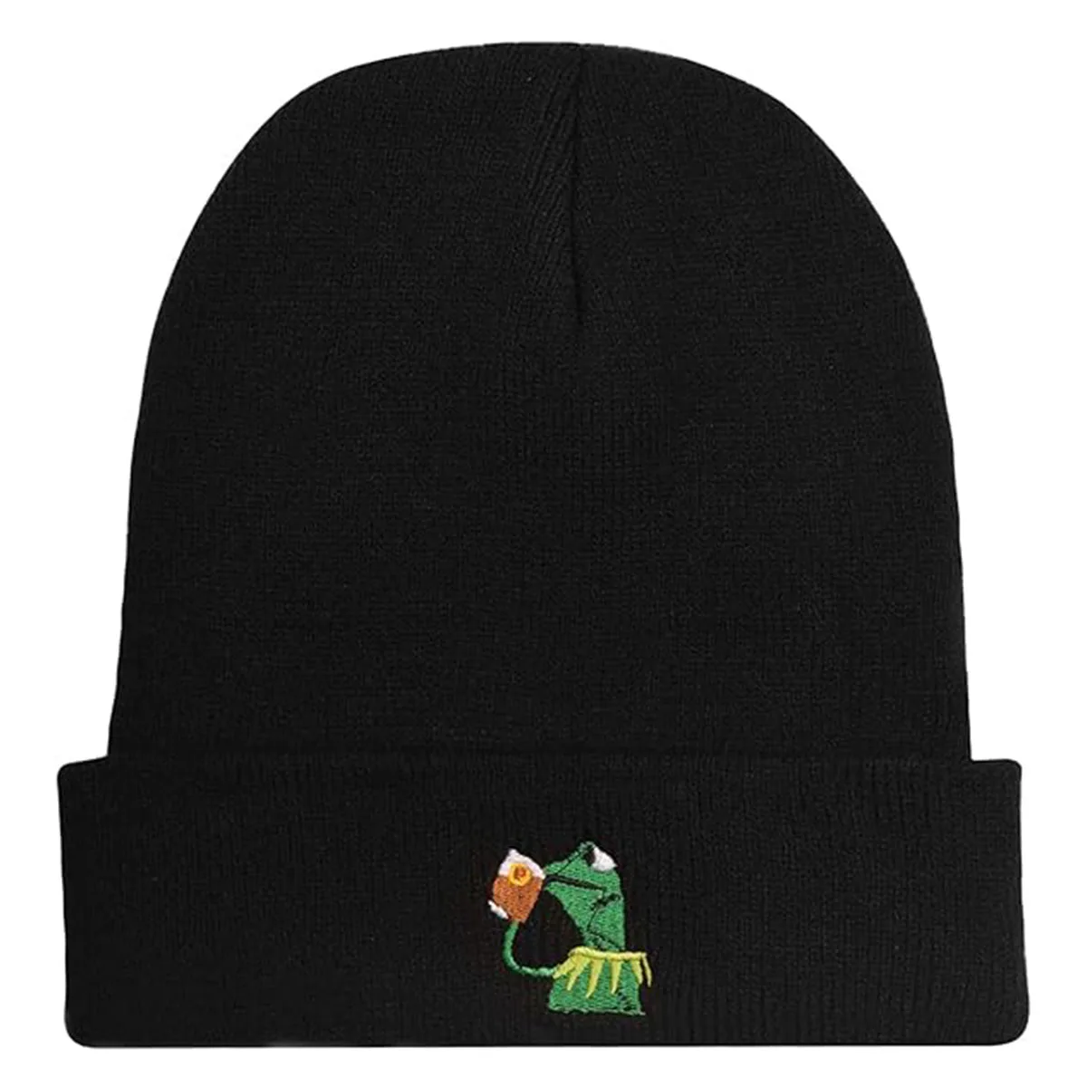 Winter Kermit The Frog Sipping Tea Beanie Warm Soft Oversized Thick Cable Knitted Hat Unisex Cuffed Skull Knit Caps