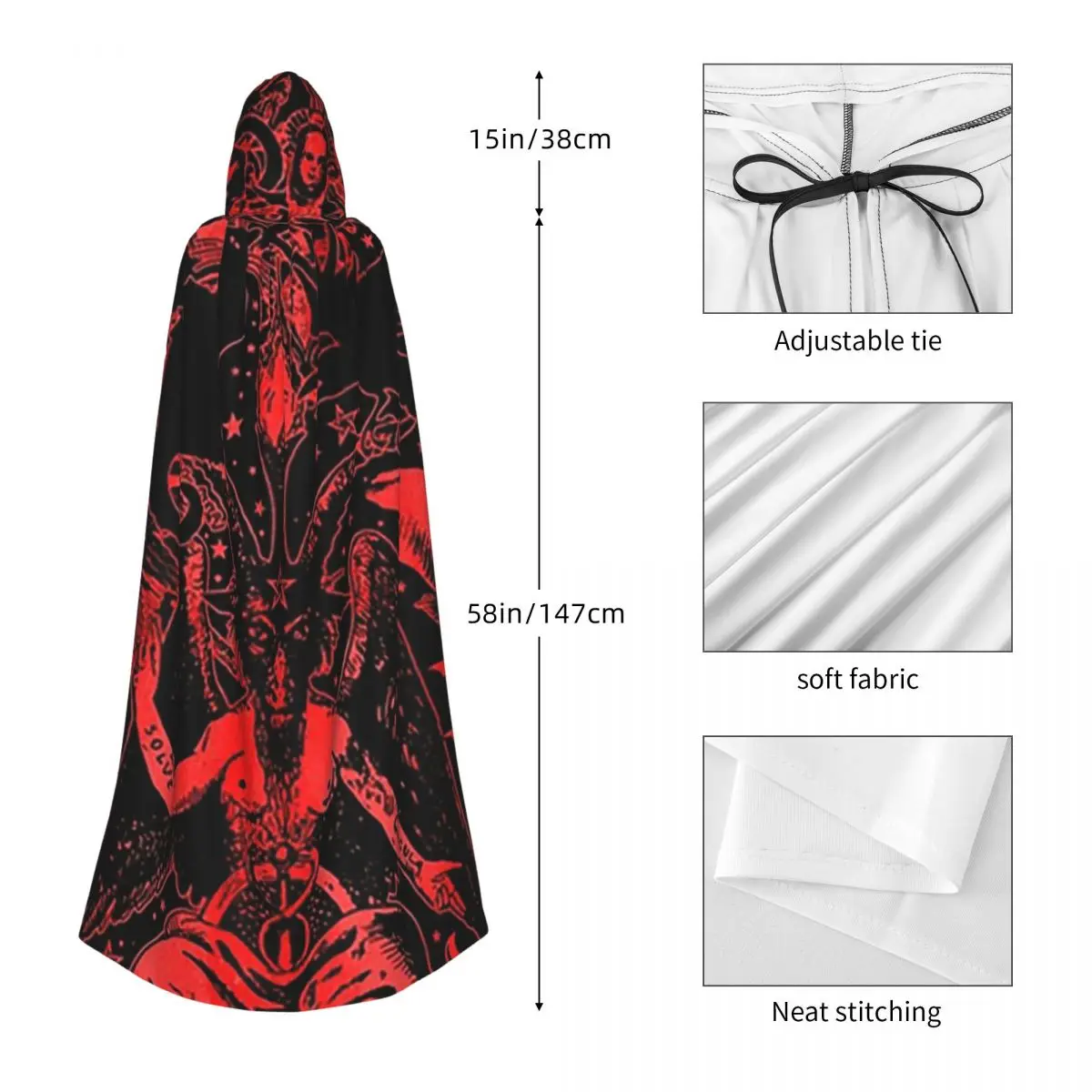 赤い五芒星バフォメットオカルト悪魔ロングフード付きマント魔女中世コスチュームコスプレケープハロウィンヴァンパイア大人ユニセックス