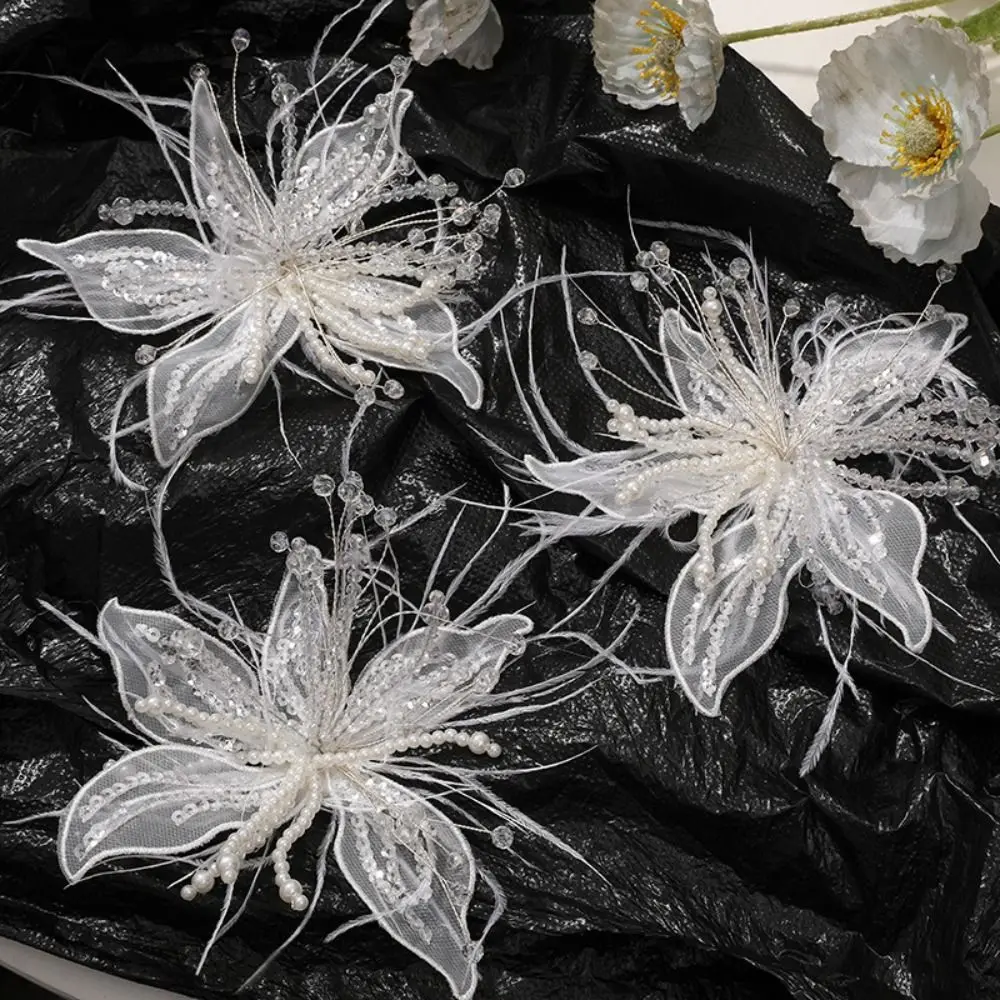 Feather Pearl 3D Organza Flower Patch Twisted Wire Crystal Flower DIY Sewing Decals Multi-layer Handmade Embroidery Patch