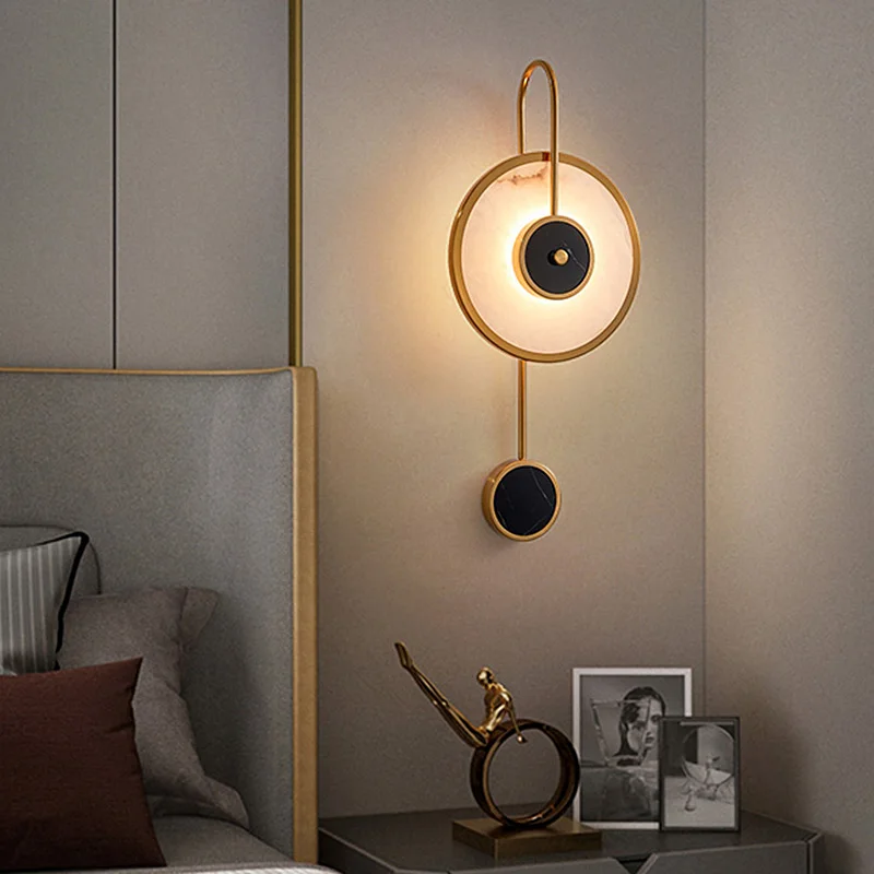 Natural Onyx Stone Wall Sconce Round Marble Decor LED Wall Lamp Luxury Metal Frame Indoor Accent Lighting