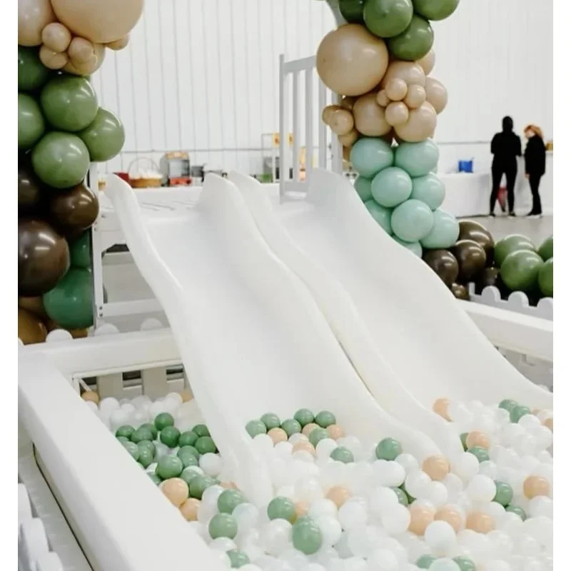 Commercial Plastic White Soft Play Double Slide with Soft Play Ball Pit for Kids Party Rental Event Playground Play Cafe Daycare