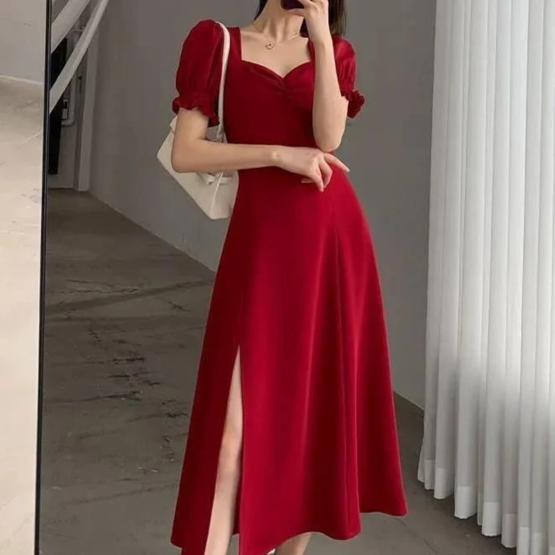 Women Sexy High Waist Split Vintage Elegant Party Dresses 2023 Summer Fashion V-Neck Short Sleeve Solid Slim Midi Dress Vestidos