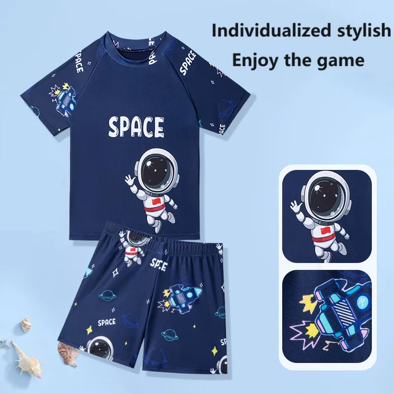 

Personalized Print Cartoon Boys Swimsuit Small Spaceship Logo Kids Swimwear For Boy Split Style Student Training Boys Swimwear