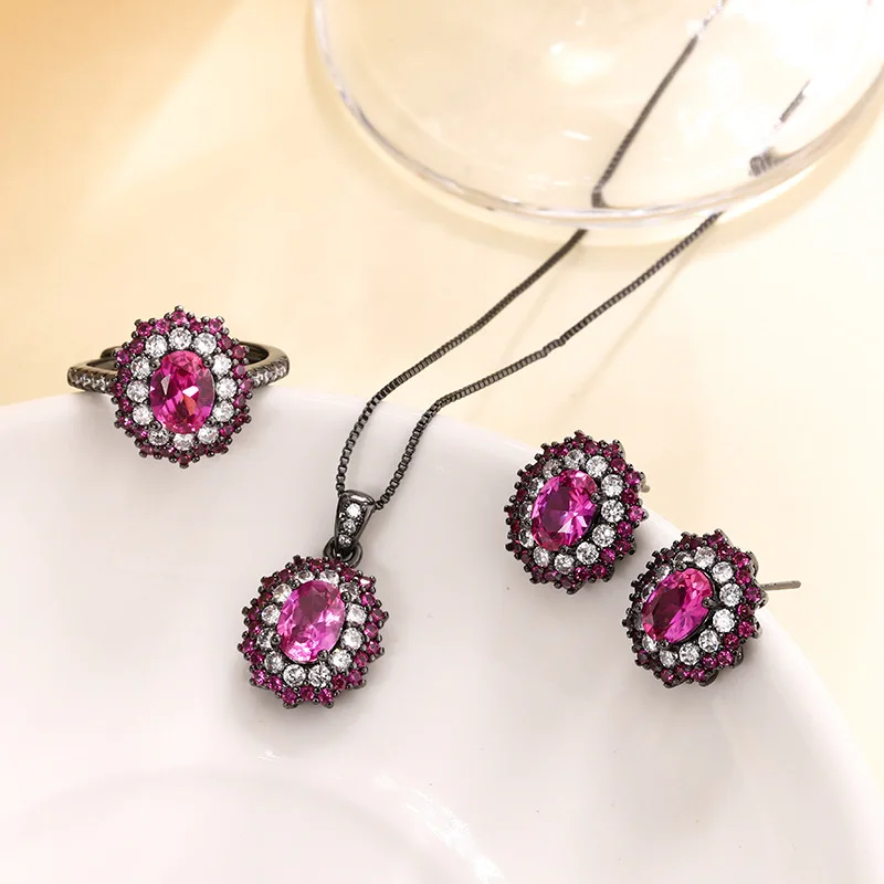 

New Style Bead Copper Base Plated with Genuine Red Corundum Oval Black Set for Female Lead Crystal6*8