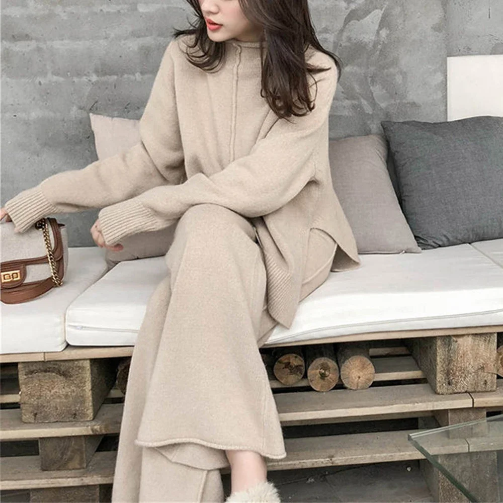 2022 秋冬厚手ニット 2 枚セット女性暖かいハーフタートルネックプルオーバーセーター + ワイドレッグパンツ暖かいセータースーツ