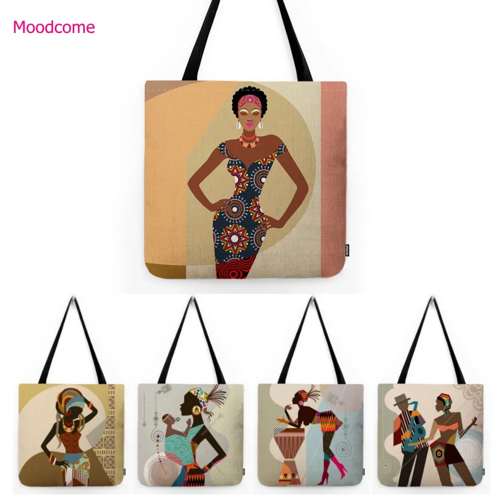 Abstract Geometry Africa Cartoon Fashion Dancing Woman Music Art Casual Water Resistant Cotton Linen Canvas Washable Tote Bag