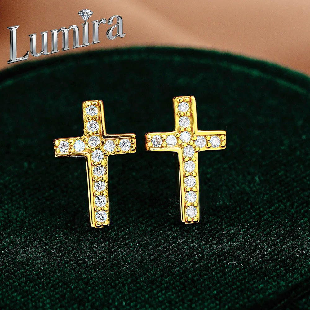 Lumira 18K Gold Cross Ear studs for Women Fashionable D-Color Moissanite Stud Earrings Christmas Charm Fine Jewelry Gift
