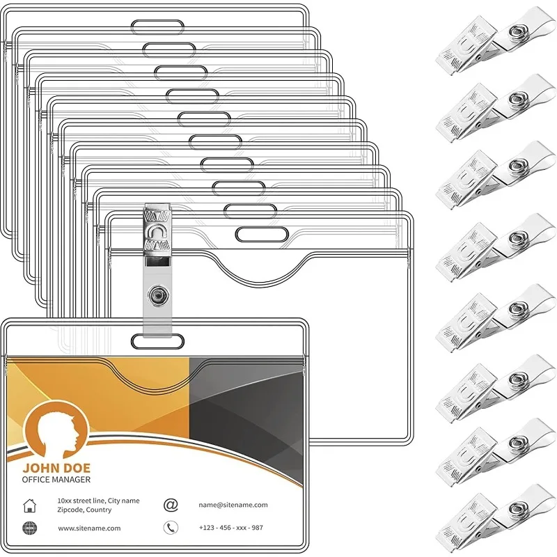 

100 шт. пластиковых держателей для бейджей, водонепроницаемые прозрачные держатели для именных бейджей и ID-карт + 100 шт. металлических зажимов для именных бейджей