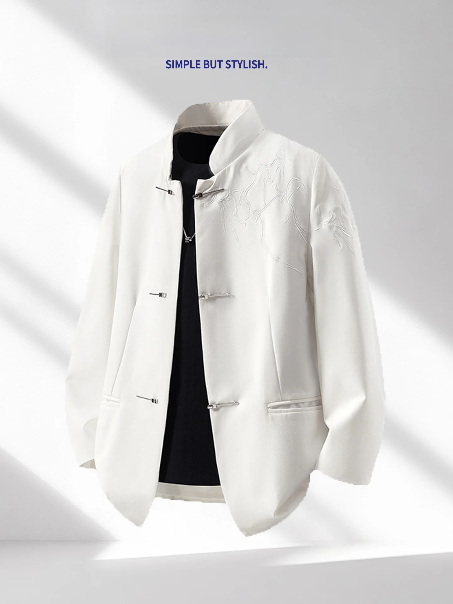 

New Chinese Sle Bla Casual Suit Jaet Men's Spring Autumn Embroidery Tang Costume Stand Collar Western Clothes