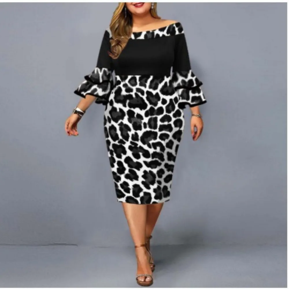 Plus Size Midi Dress for Women Elegant Print Party Dress 2024 Long Sleeve Dress