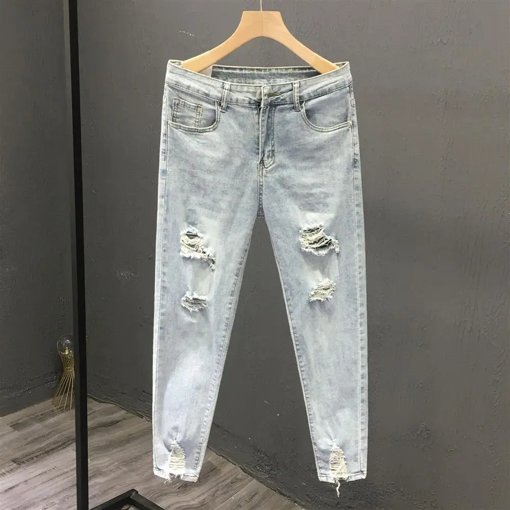 

Harajuku Fashion Designer Ripped Korean Style Clothes Distressed Denim Jeans for Men Light Blue Stretch Skinny Fit Casual Pants