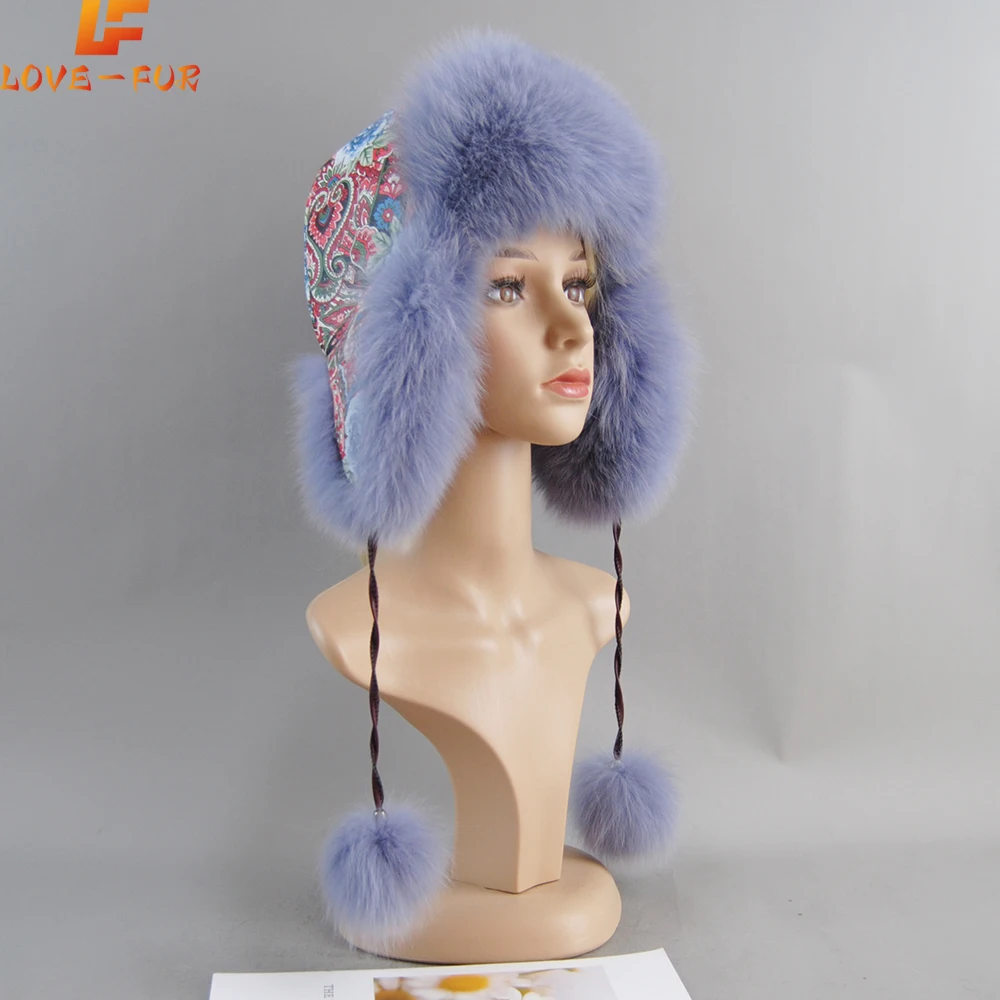 2025 Natural Real Fox Fur Bomber Hats Winter Warm Women Fluffy Fox Fur Earflap Caps Luxury Quality Lady Genuine Real Leather Hat