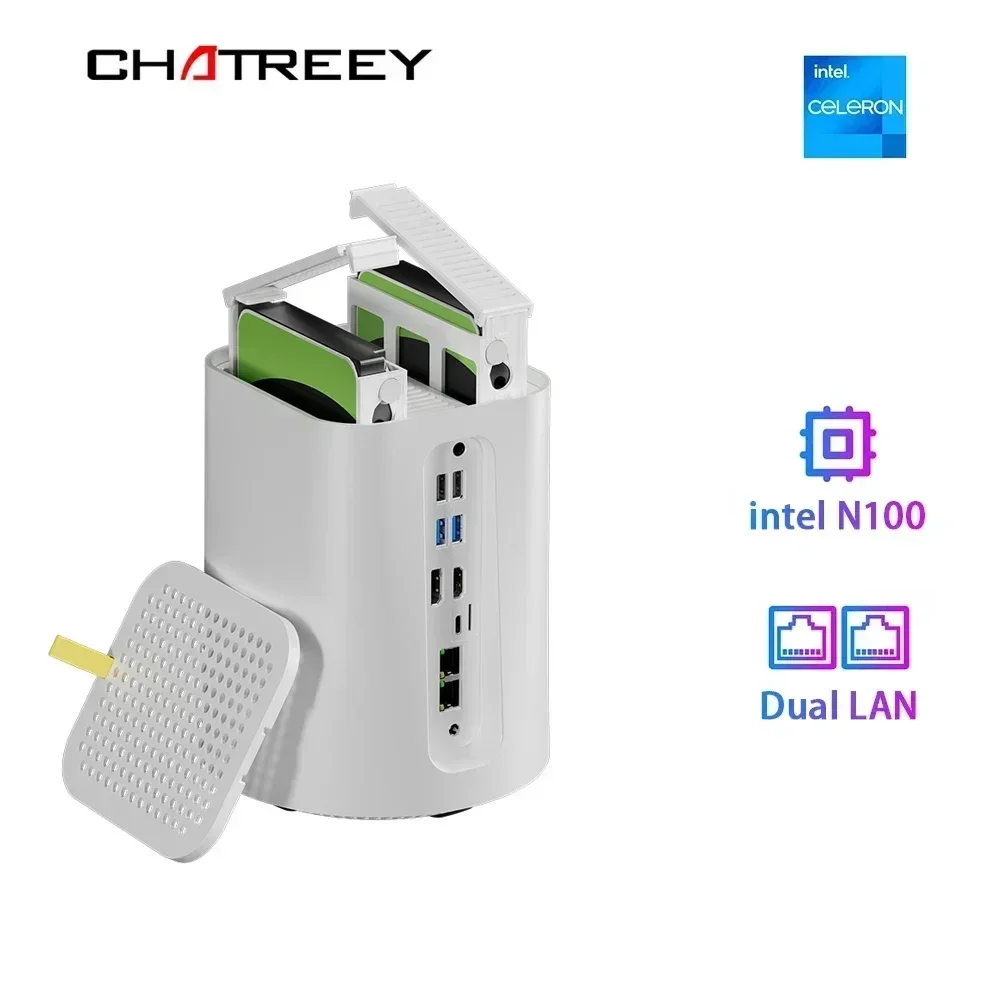 Chatreey NAS PC Mini Intel Celeron N100 SSD Windows 11, komputer 2.5G LAN ganda