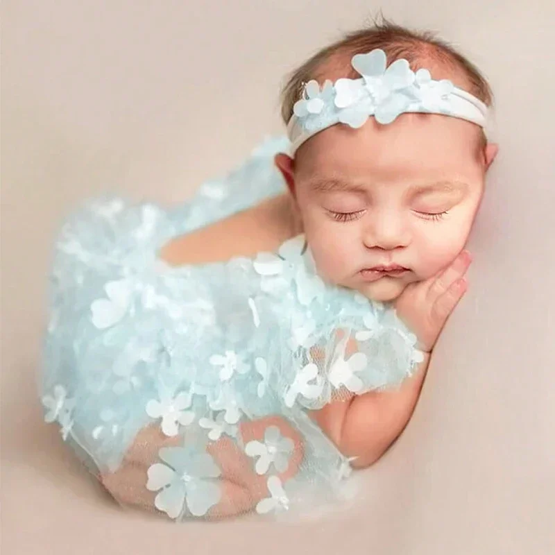 Conjunto de 2 piezas de fotografía para recién nacido, trajes de fotografía para niña, pelele con flores bordadas, diadema, ropa para sesión de fotos de niña