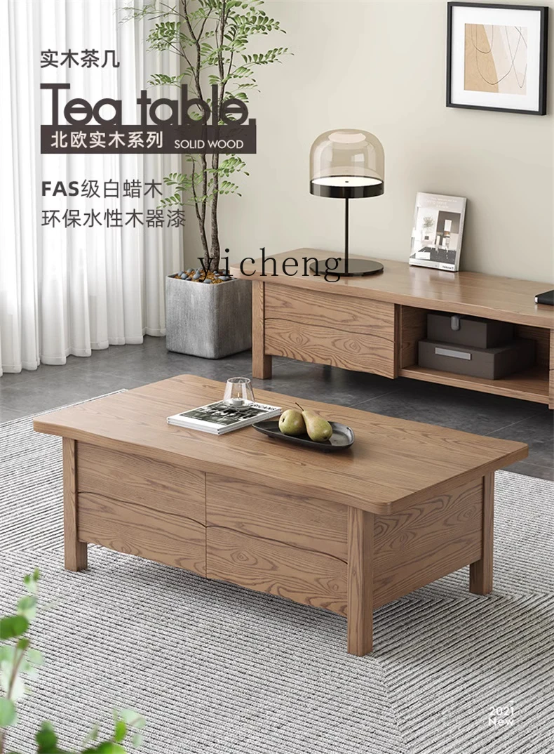 

ZYA New Chinese Style Solid Wood Coffee Table TV Cabinet Set Modern Simple Living Room Double Drawer Storage Tea Table