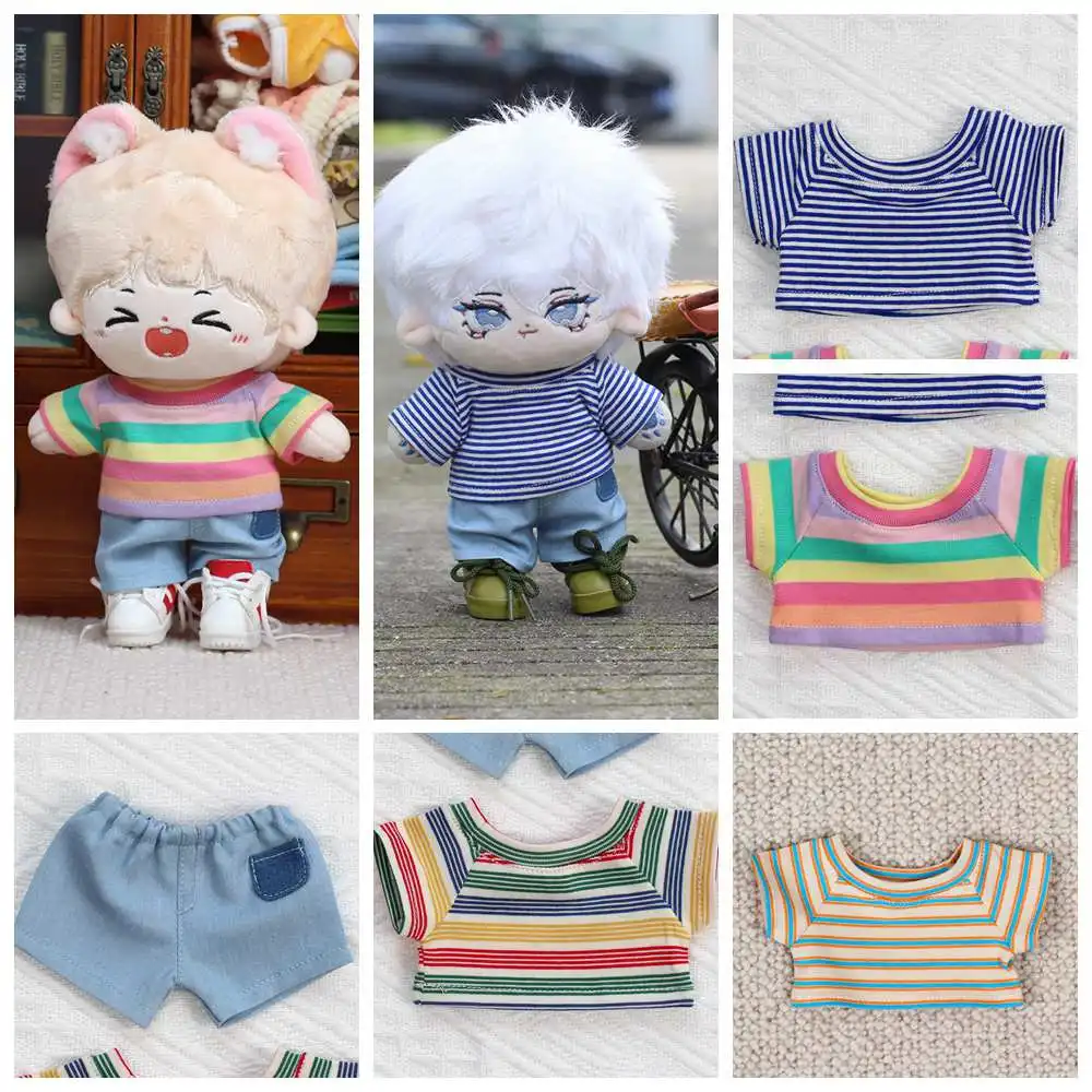 

20CM Doll Stripes Short Sleeve T-shirt Jeans Pant Idol Cotton Stuffed Doll Clothes Playing House Changing Dressing Game