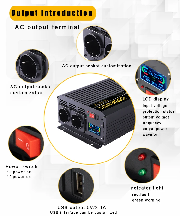 Inverter di potenza a onda sinusoidale pura da 1000W Inverter per camion/camper convertitore da 12V cc a 110V ca con USB