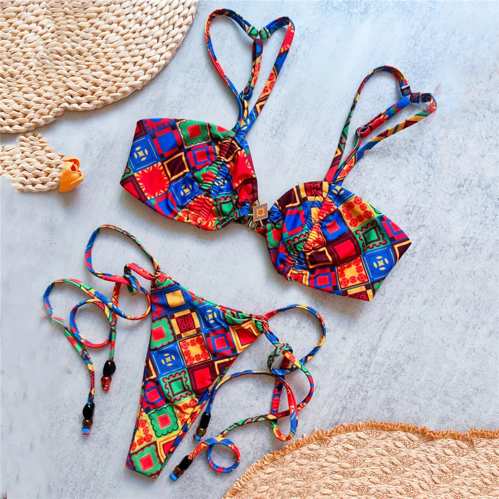 

Color Geometric Print Sexy Swimsuit Micor Thong String Triangle Bikini Woman 2026 Bead Swimwear Bathing Suit Bikinis Sets Dames