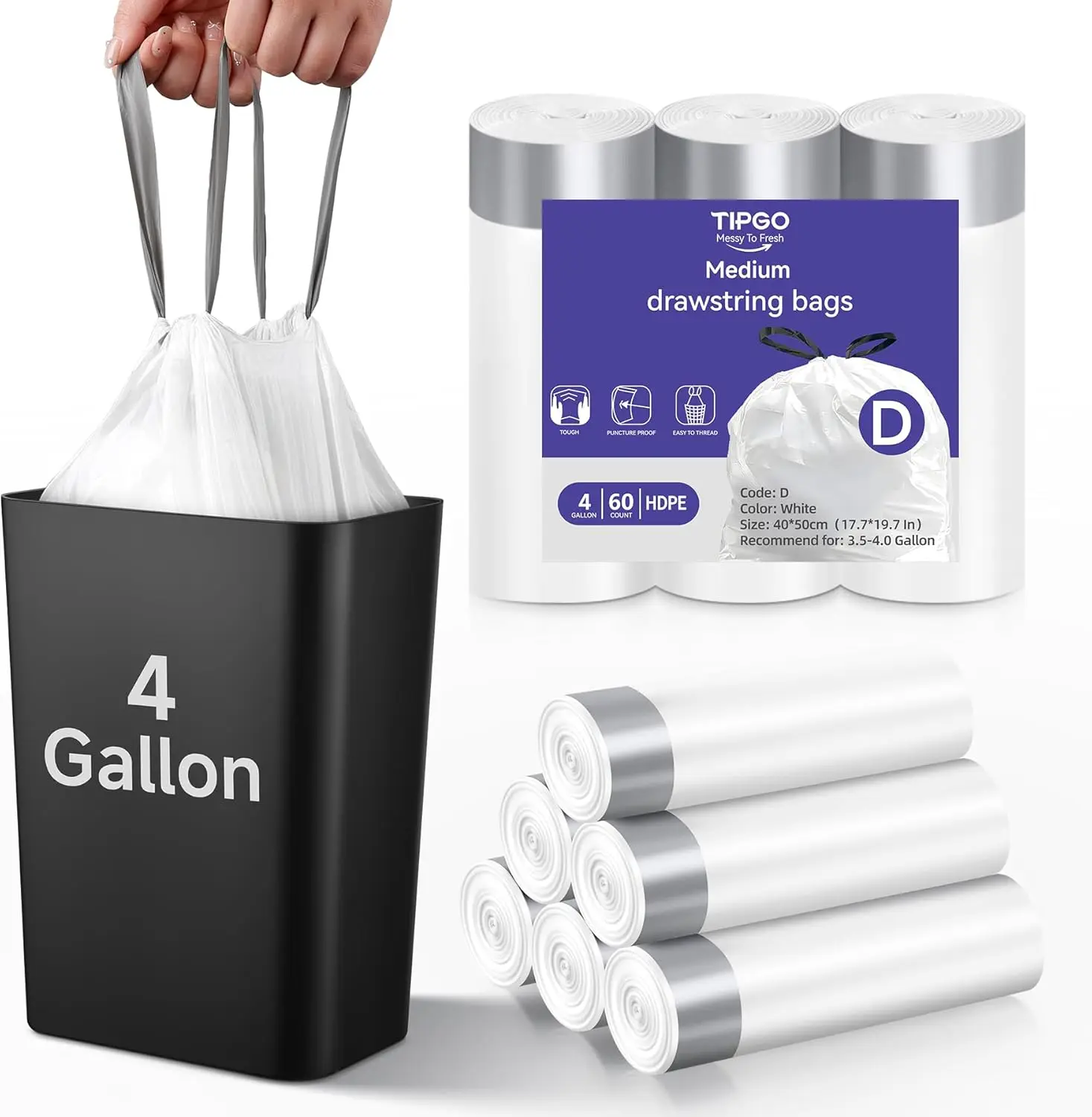 

4 Gallon Drawstring Trash Bags, 60 Count Strong Wastebasket Liners for Home Office Bathroom