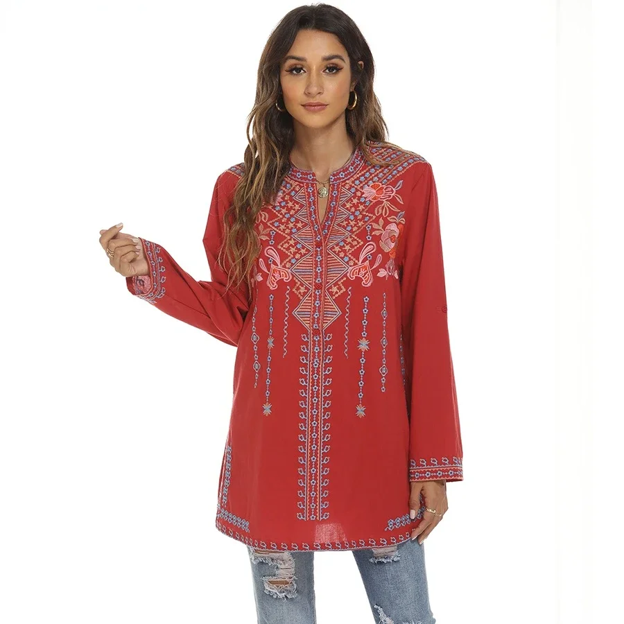 Le Luz Floral Embroidery Long Blouses Shirt Red Boho Mexican Shirts Autumn Long Sleeve Women 2xl 3xl Ethnic Hippie Tops