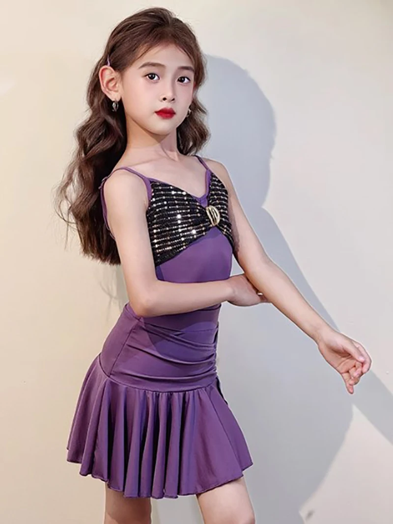 Combinaison de danse latine pour enfants filles, bretelles Spaghetti et jupe fendue plissée, vêtements de danse, Costumes de compétition d'entraînement en salle de bal