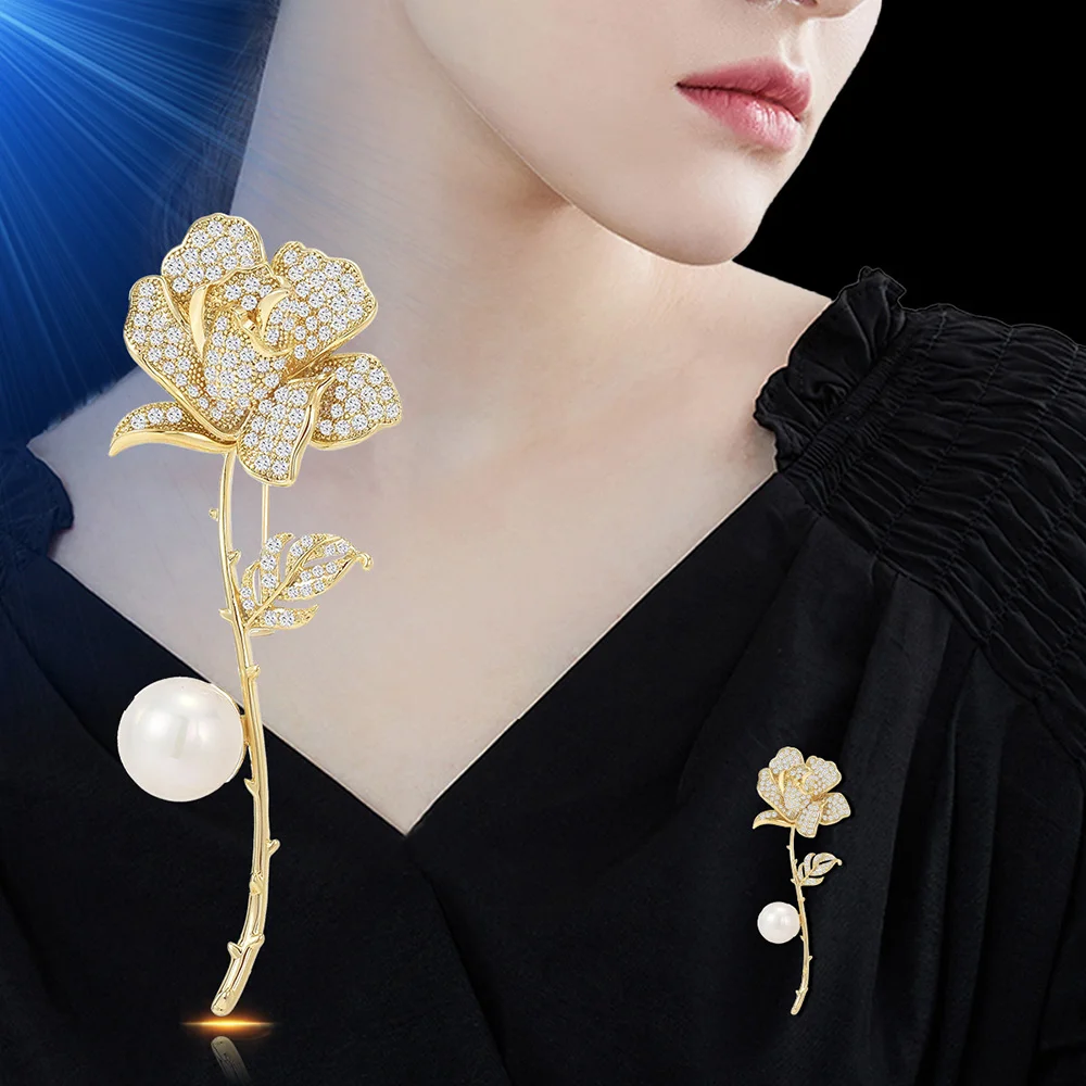 

Luxury Brooch for Women Gold Rose Flower Brooches Classic Zircon Clothing Pins Breastpin Women's Sweater Accessories Gifts