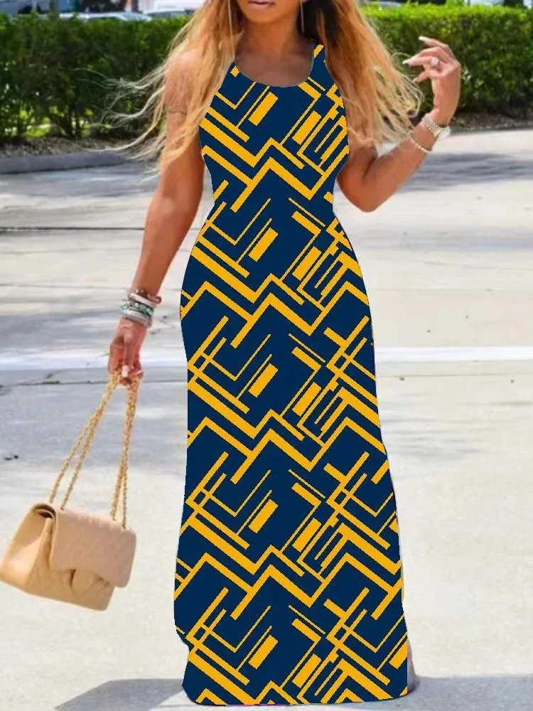 Maxi abiti Slim stampati a colori pacchetto donna Hip Bodycon scollo a U senza maniche abito lungo moda temperamento signora abiti estivi