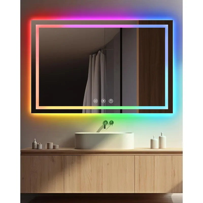 55x36 Inch LED Bathroom Mirror,RGB Color Changing Bathroom Mirror with Lights,Anti-Fog Wall-Mounted Vanity Mirrors,Smart D