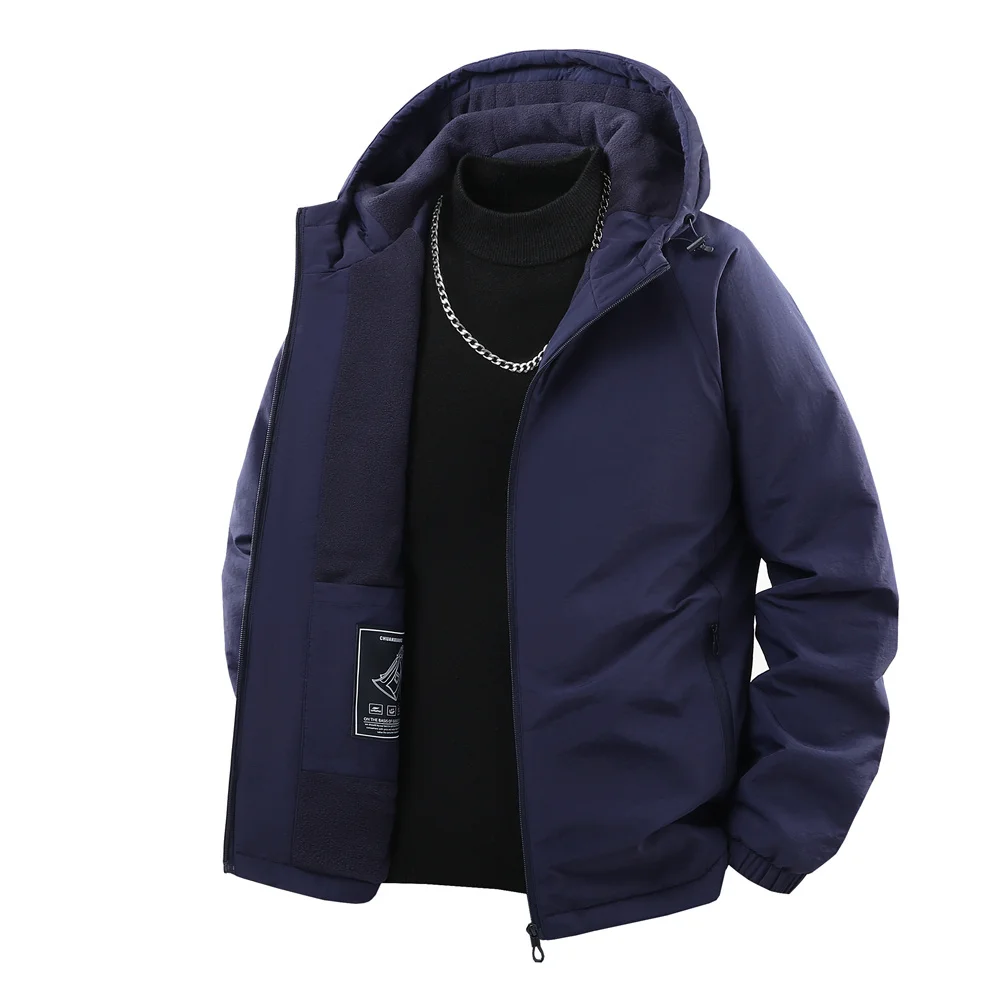 

Outdoor Sports Fleece-Lined Baseball Jacket Men Autumn Winter Thickened Hooded Windbreaker Jacket Men's Windproof Warm Outerwear