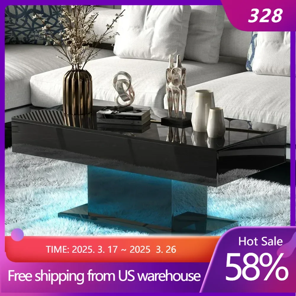 Led Coffee Table for Living Room, Living Room Table Rectangular Center Table Modern Wooden Coffee Tables for Reception Room