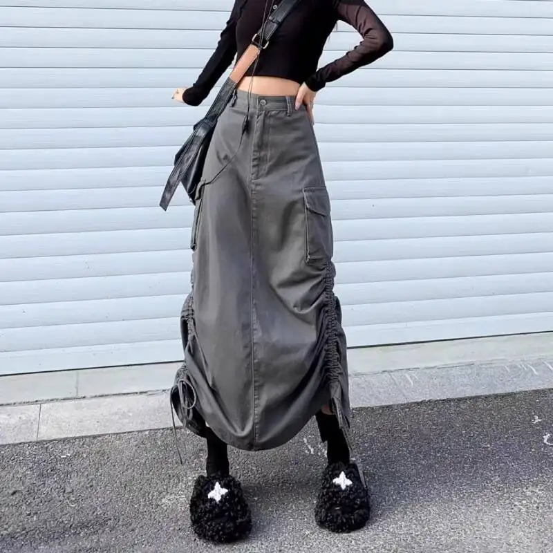 2025 Autumn Plus Size Women's High Waist Cargo Midi Skirt Street Style Split A Line with Drawstring for Hiding Hips