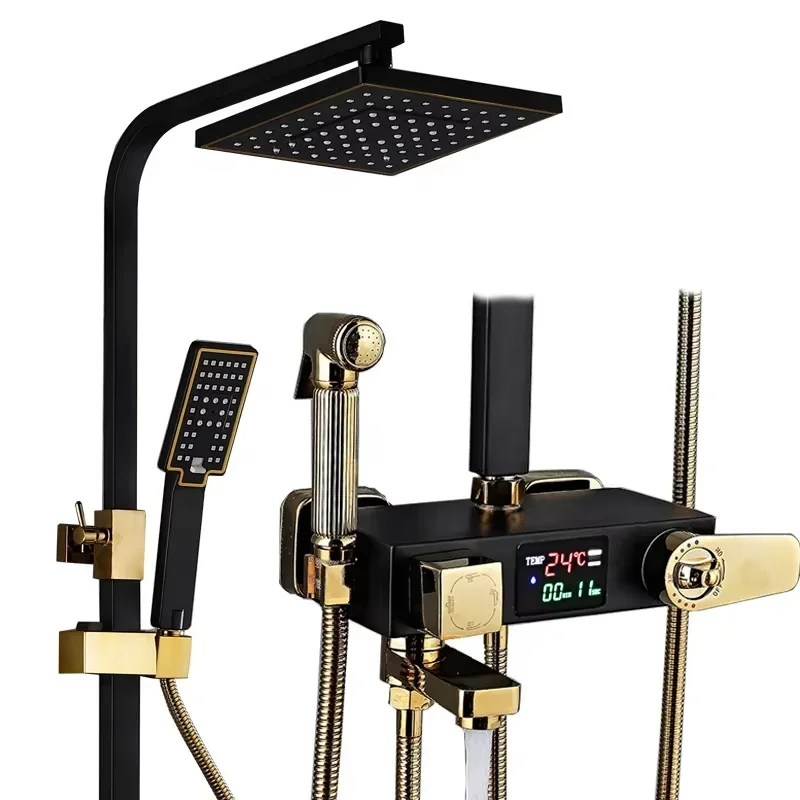 aa-Black Gold Brass Ceramic Valve Core Modern Design Wall Mount Shower Faucet Handheld Rainfall Temperature Display Shower Set