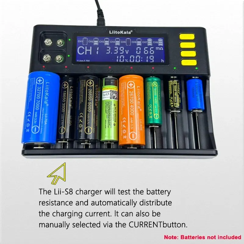 LiitoKala Lii-S8 8 Slots Check Capacity 3.7V 1.2V For 18650 26650 21700 26700 18350 AA AAA With 9V LCD Battery Charger