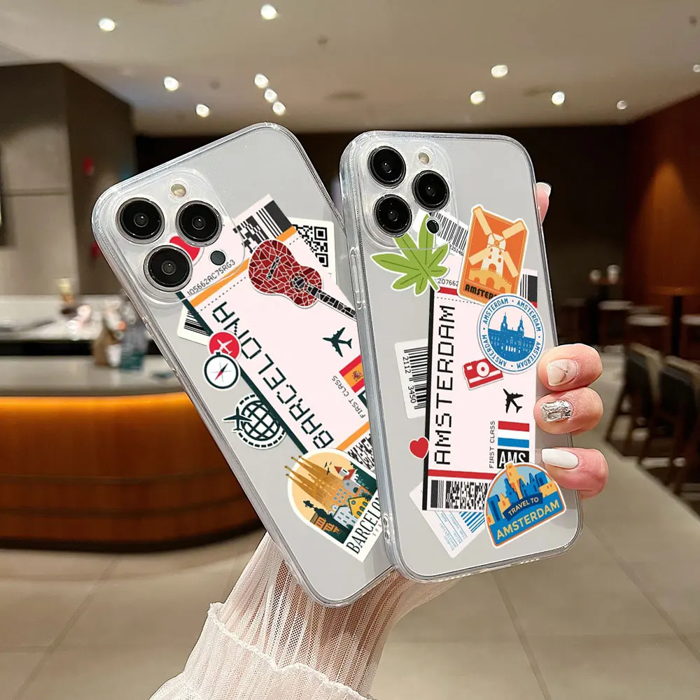 World Citiy Plane Ticket Label Phone Case For iPhone 15 14 13 12 11 Mini Pro Max X XR XSMax 6S 6 7 8 Plus SE20 Transparent Cover