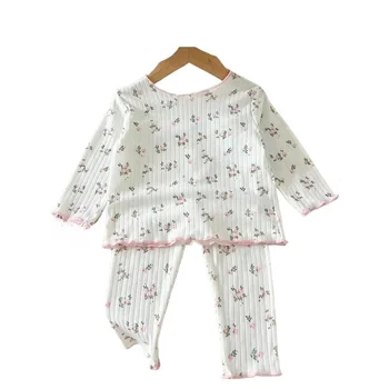 ‌New Arrival Baby Girls Floral Print Cotton Pajama Set Long Sleeve Lace Trim Two Piece…