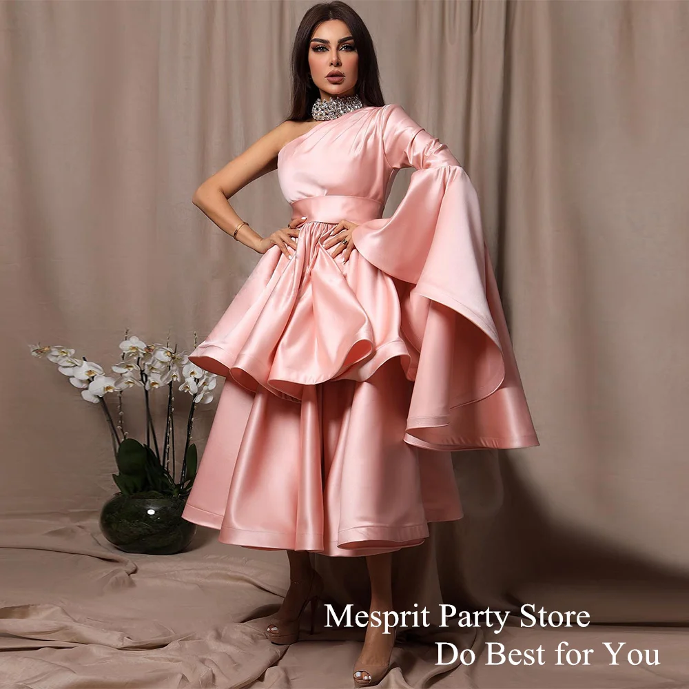 

Pale Pink Party Dress Flare Sleeves One Shoulder A Line Tea Length Satin Evening Dress Tiered Saudi Arabic Cocktail Gown