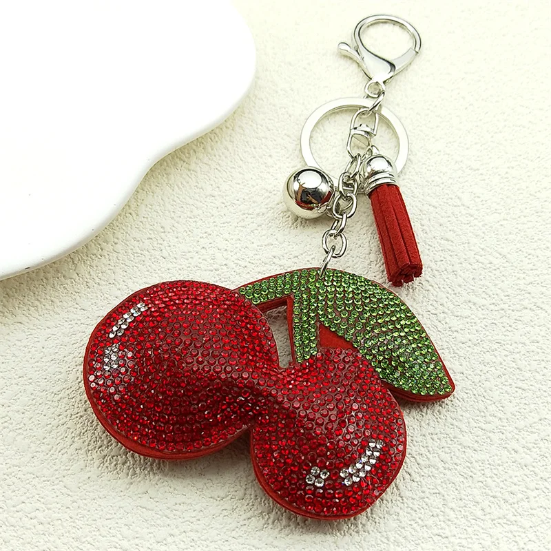 Lindo fruta fresca cereza llavero anillo para Mujeres Hombres rojo Rhinestone caliente verano bolsa encanto decoración llavero joyería regalos