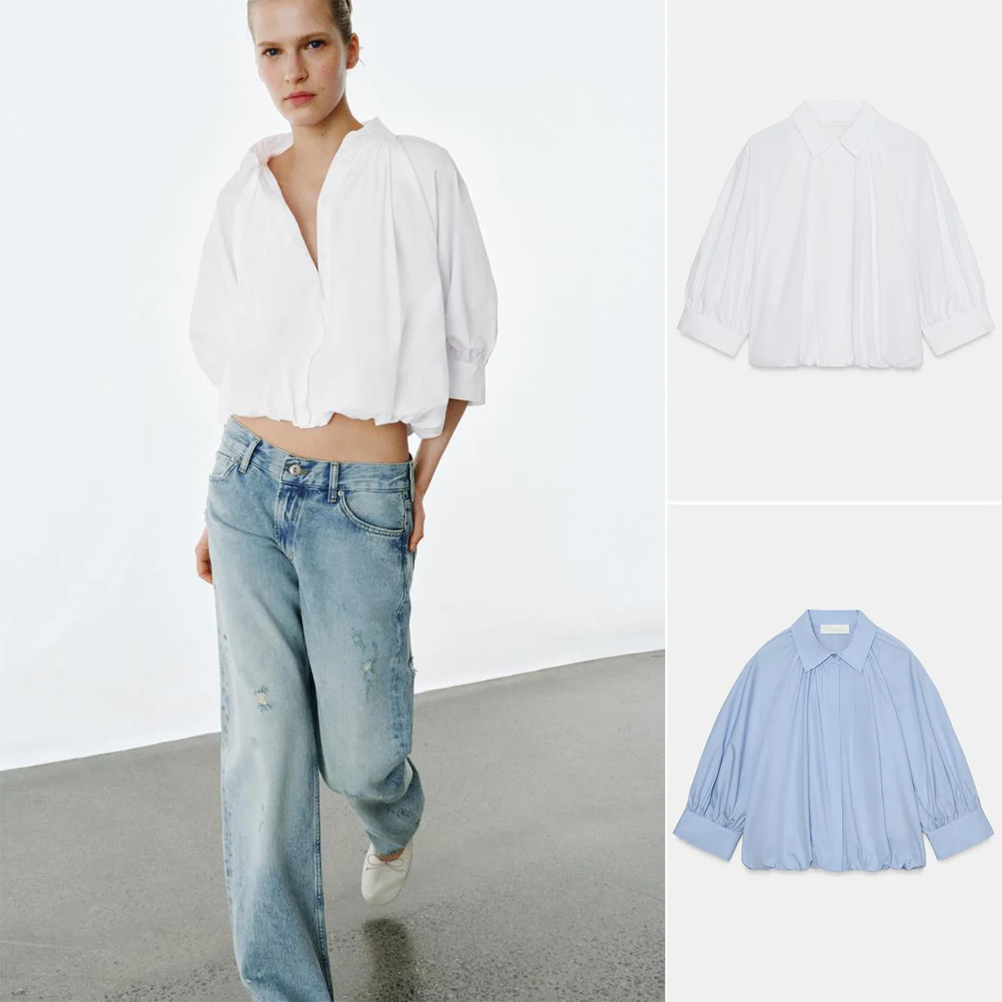 

Spring New Arrival Women's Casual Sle irt Balloon Sve Pleated Hem Stand Collar Bubble Sve Polyester Fiber ort Length