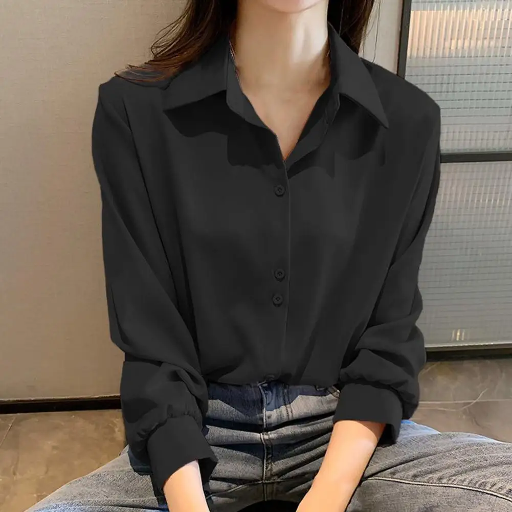 Women Shirt Pure Color Single-breasted Turn-down Collar Long Sleeve Cardigan Soft Casual OL Commute Bottom Blouse Lady Top