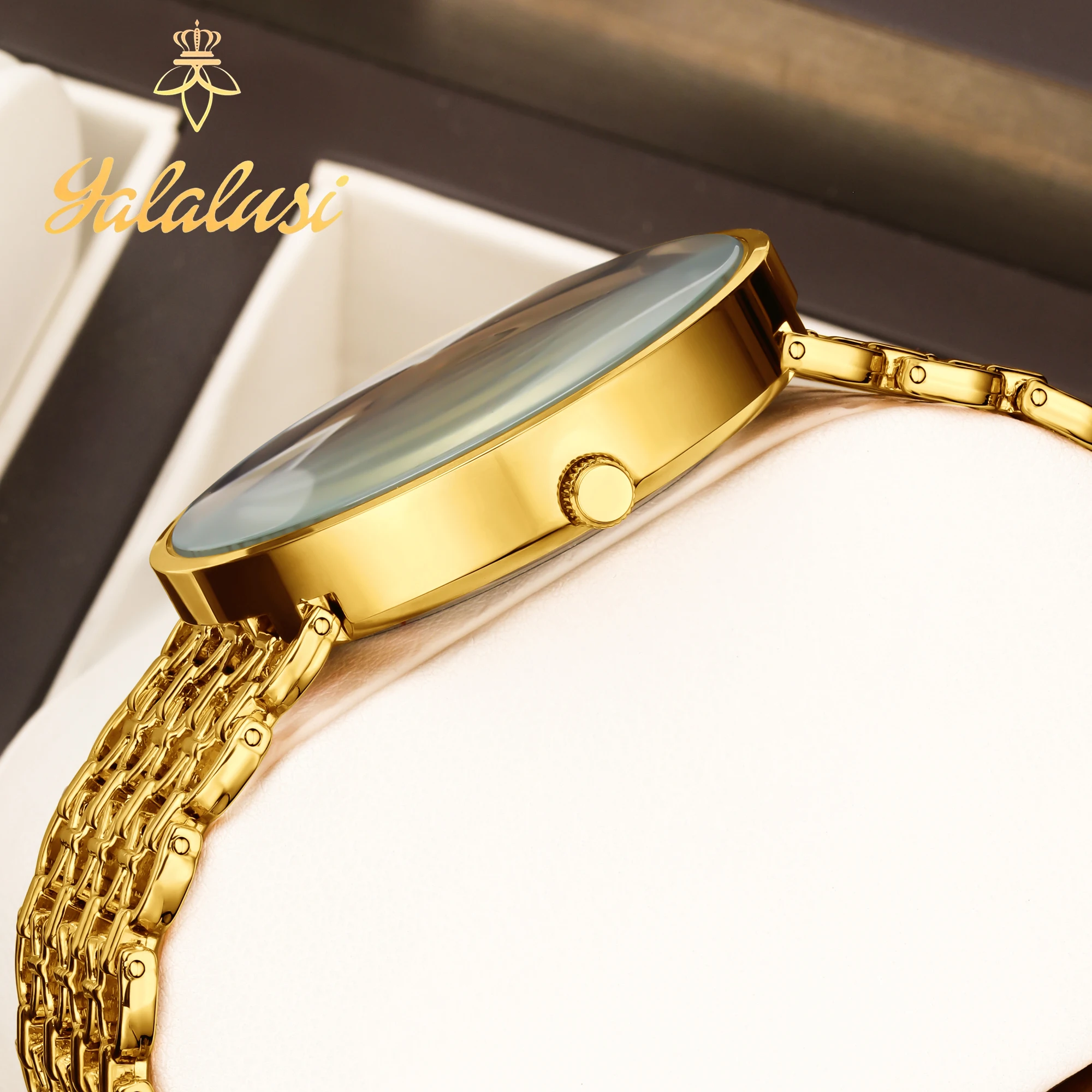 Yalalusi-女性のための高級クォーツ時計,ゴールドの骨格ブレスレットのデザイン,ボックス時計の取り外し,電気メッキ,プロモーション