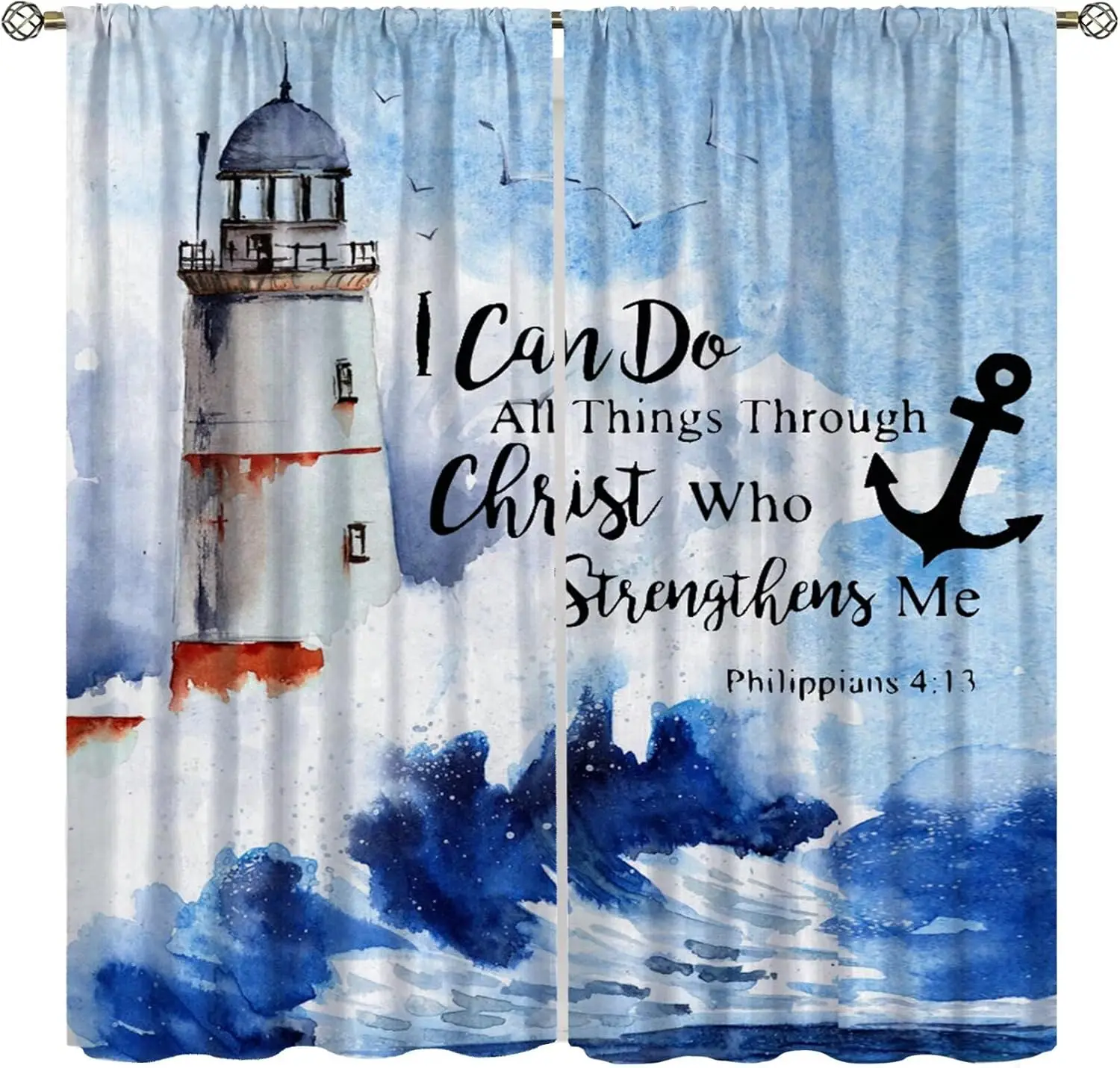 Watercolor Lighthouse Curtain,Summer Coastal Nautical Beach Seascape Bible Verse Inspirational Quotes Decor Window Treatments,
