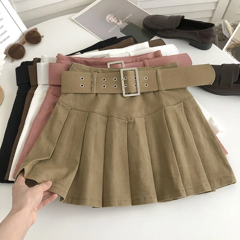 Pearl Diary Summer High-Waisted Leather Belt Y2k Skirt Korean Version Retro Style Pleated Skirt Women All-Match Hip Skirt