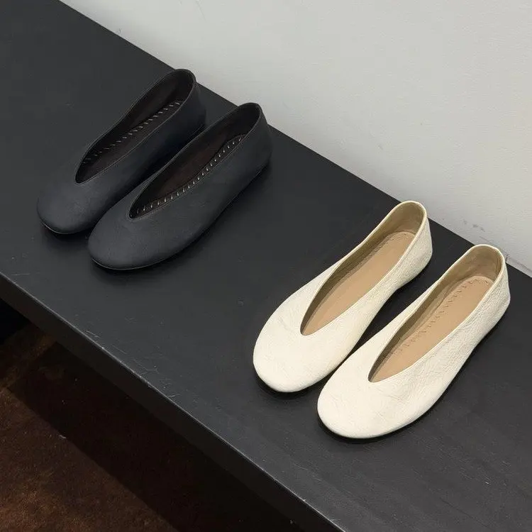 Withered Minimalist Fashionable Leather Flat  Comfortable Versatile Casual Round Toe Ballet Woman Shoes Shoes For Woman Loafers