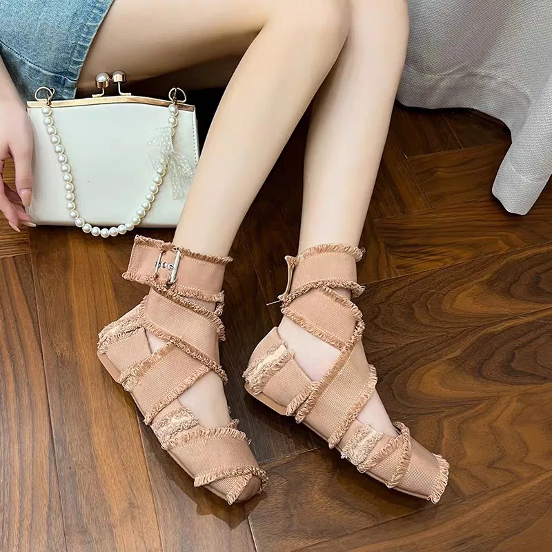Women's Fashion Ballet Single Shoes Square Head Shallow Mouth Cross Strap Fringe Soft Soled Non-slip Mary Jane Flat Shoes