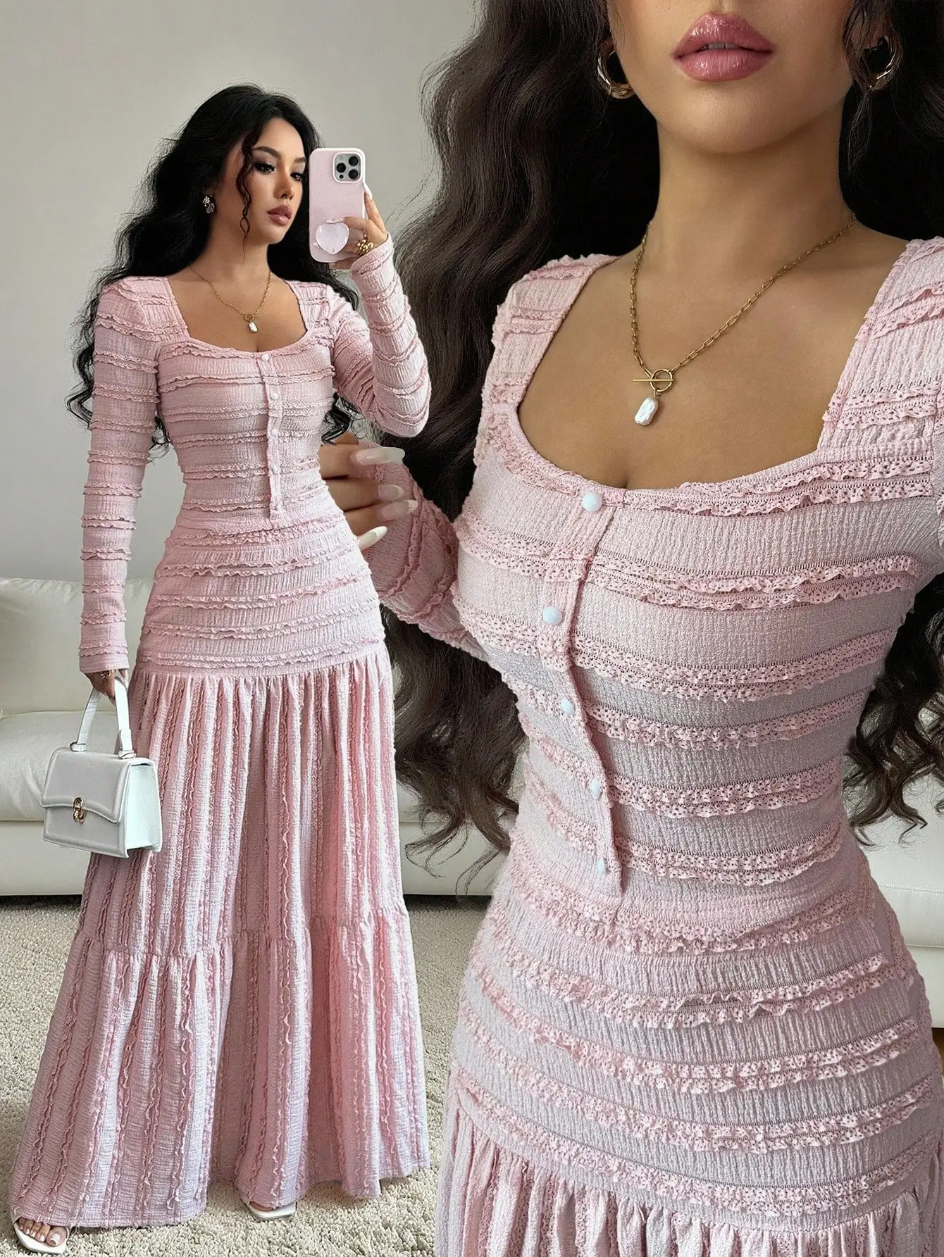 Pink Textured Lace-Trimmed Square Neck Button-Up Long Sleeve Maxi Dress Set