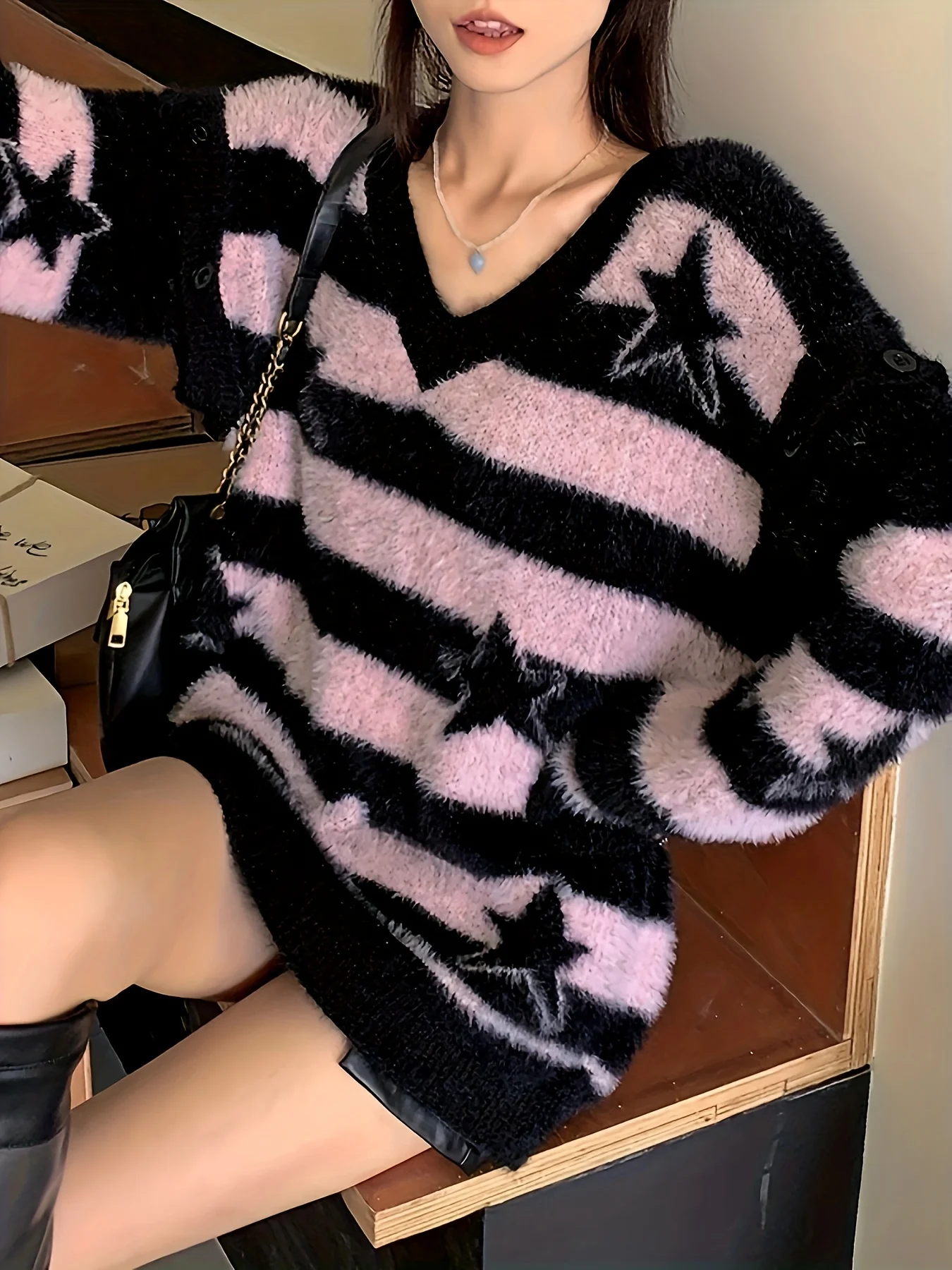 Y2K Retro Lazy Loose Chic Stars Striped Crew Neck Knit Pullover Sweater with Separate Sleeves for Women