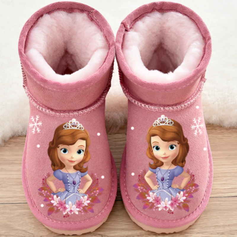 Disney Princess Girls Frozen Winter Snow Boots Water Shoes Non-slip Purple Rose Red Warm Shoes Size 26-37