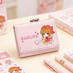 Anime Card Captor SAKURA Kawaii Short Wallets Girls Pink ID Card Holders Pu Leather Coins Purses Cartoon Money Clutch Bags