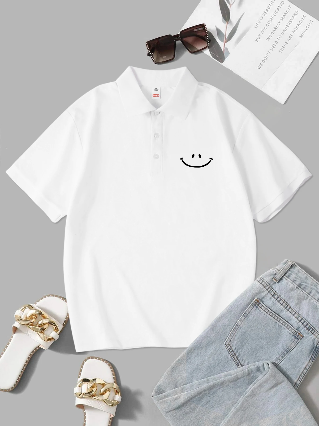 

Рубашка-поло с большим улыбающимся лицом и принтом, женские летние повседневные топы, модные дышащие футболки из полиэстера Regulai Fit, спортивная одежда