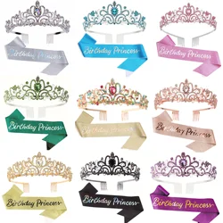 Bling Rhinestone Crystal Crown Tiara Birthday Princess Sash and Crown for Women Birthday Princess Party Decorations